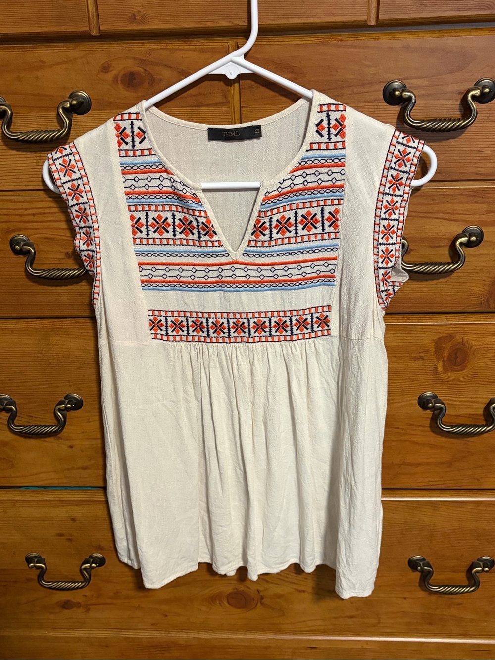 THML Cream Embroidered Split-Neck Blouse with Orange & Blue Detail